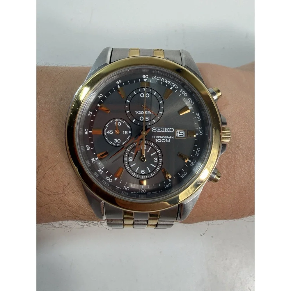 Seiko Chronograph 100M Two Tone Men's Watch 7T92-0PP0 New Battery